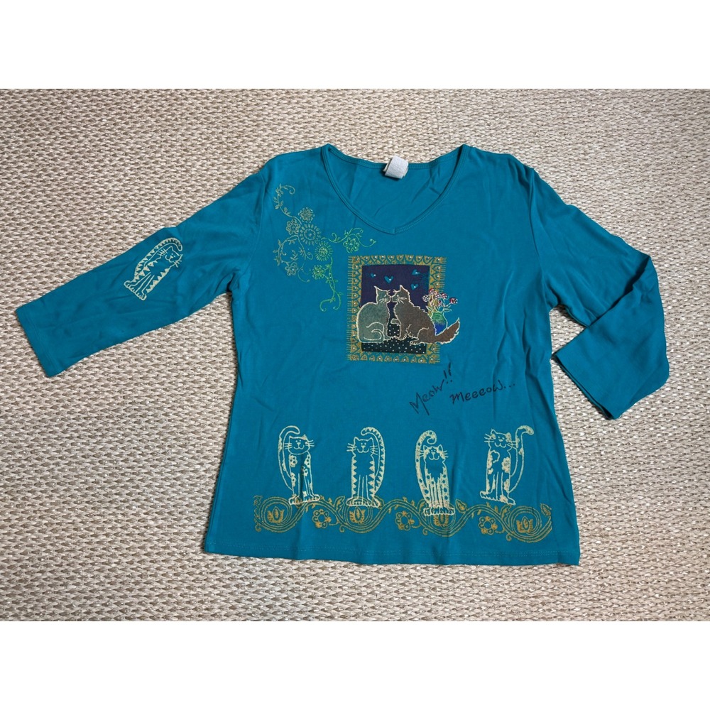 Jess & Jane Cat Romance Teal Graphic Top V-Neck Rhinestone coastal art to wear M